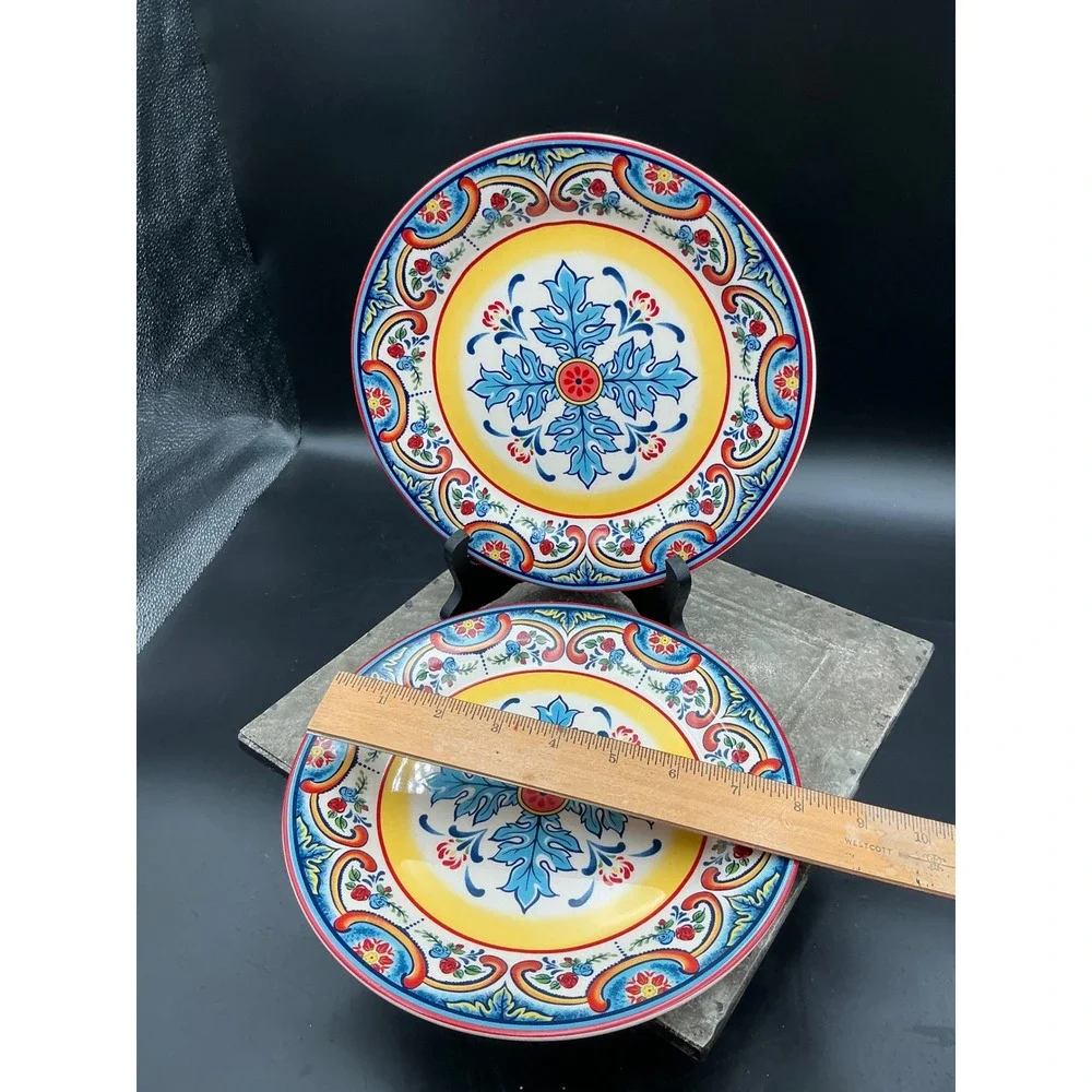 Euro Ceramica Zanzibar Salad Plates Set of 2 Blue Yellow Red Spanish  8.25in